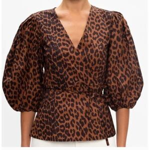 Ganni Leopard Print Balloon Sleeve Wrap Top
